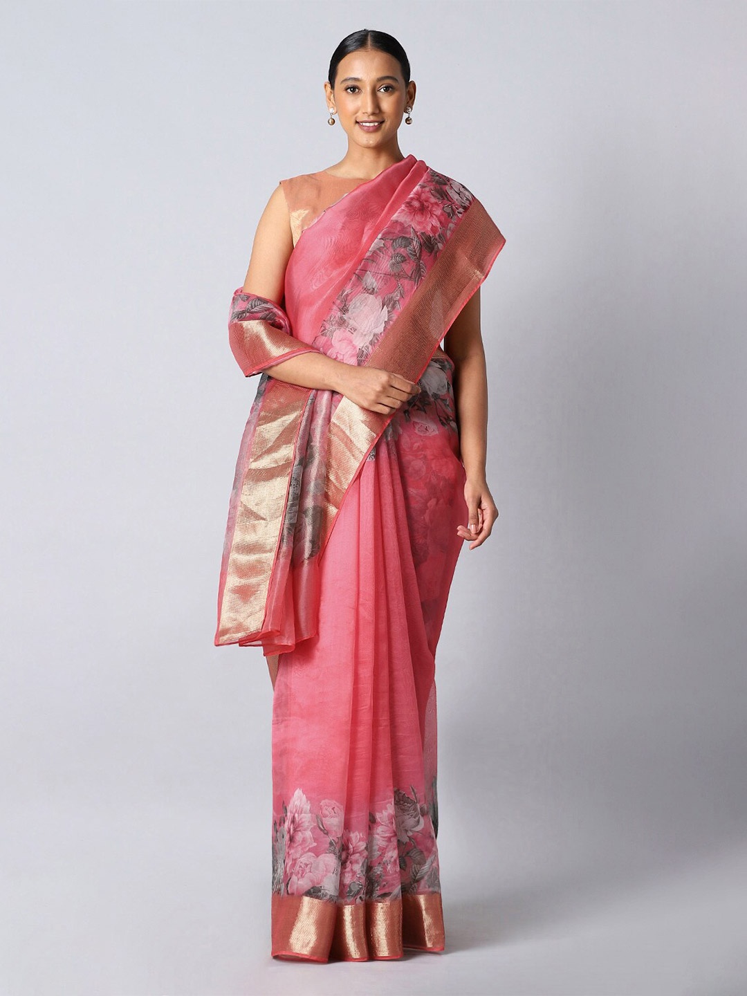 

Taneira Pink & Gold-Toned Floral Zari Organza Saree