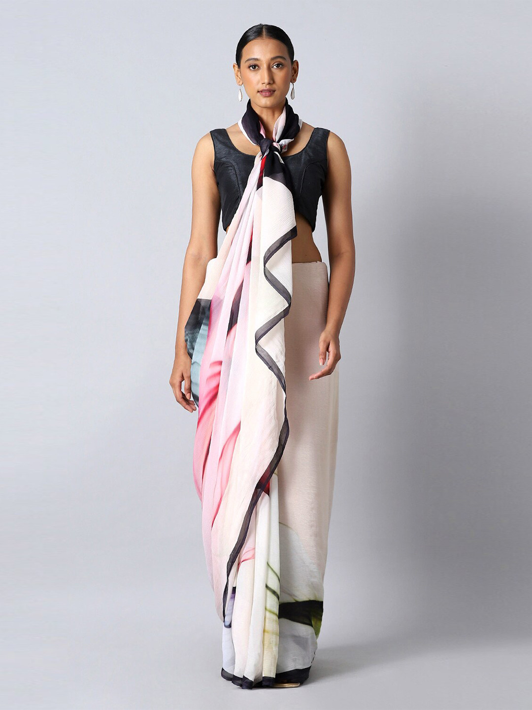 

Taneira Women Off White & Pink Floral Pure Chiffon Saree