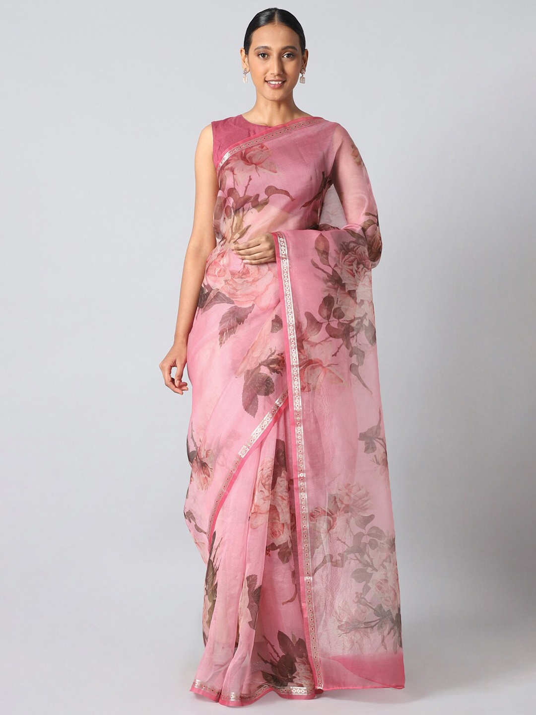 

Taneira Women Pink & Silver-Toned Floral Printed Zari Organza Saree
