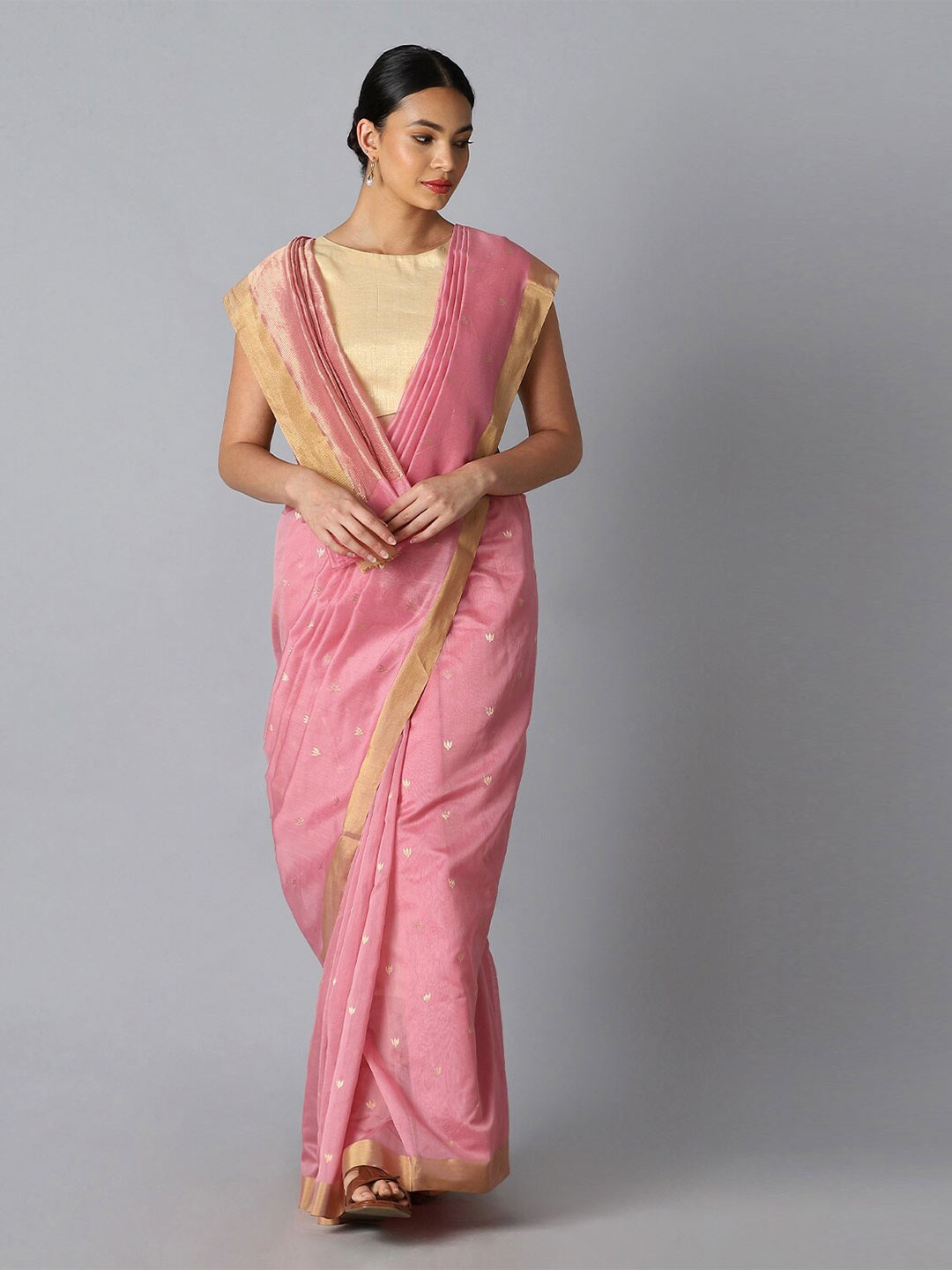 

Taneira Pink & Gold-Toned Woven Design Zari Silk Cotton Chanderi Saree