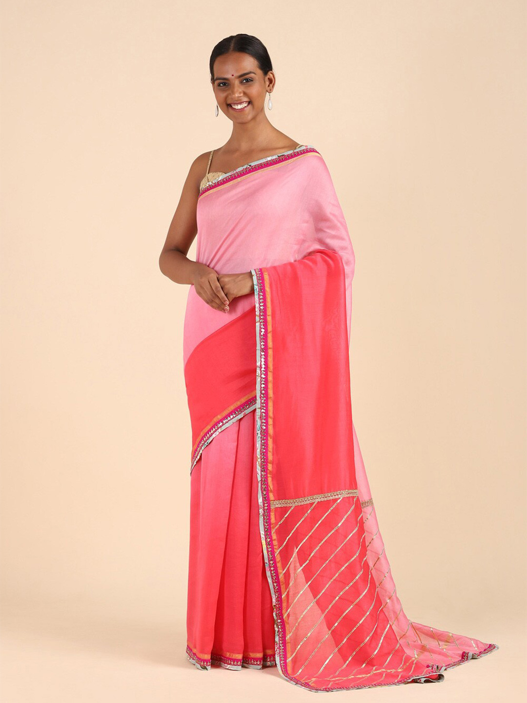 

Taneira Light Pink & Silver-Toned Colourblocked Embroidered Silk Cotton Saree
