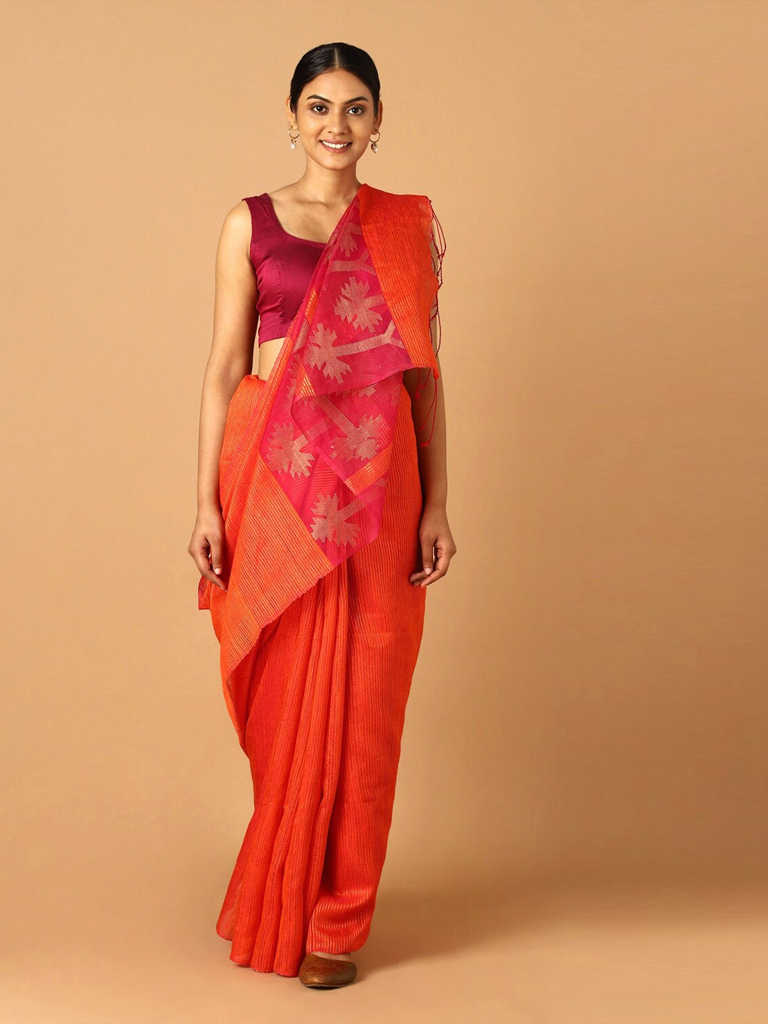 

Taneira Orange & Gold-Toned Woven Design Zari Pure Silk Jamdani Saree