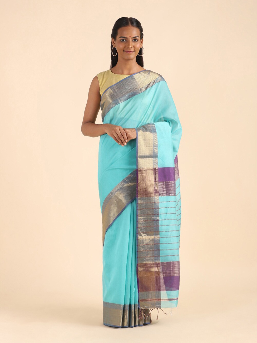 

Taneira Women Blue & Purple Zari Silk Cotton Maheshwari Saree