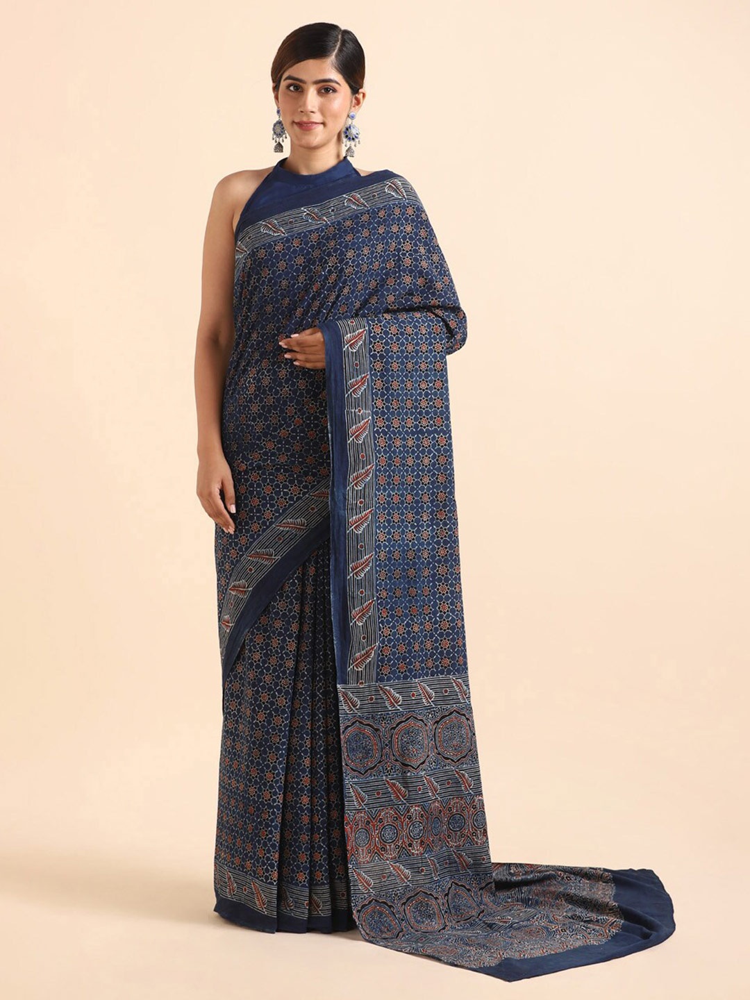 

Taneira Blue Pure Cotton Block Print Saree