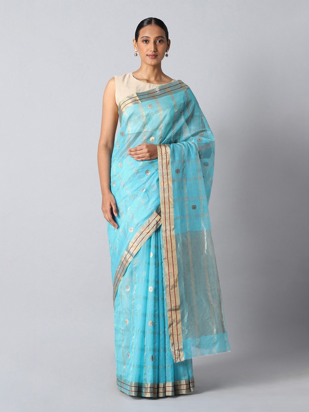 

Taneira Blue & Gold-Toned Woven Design Zari Silk Cotton Chanderi Saree