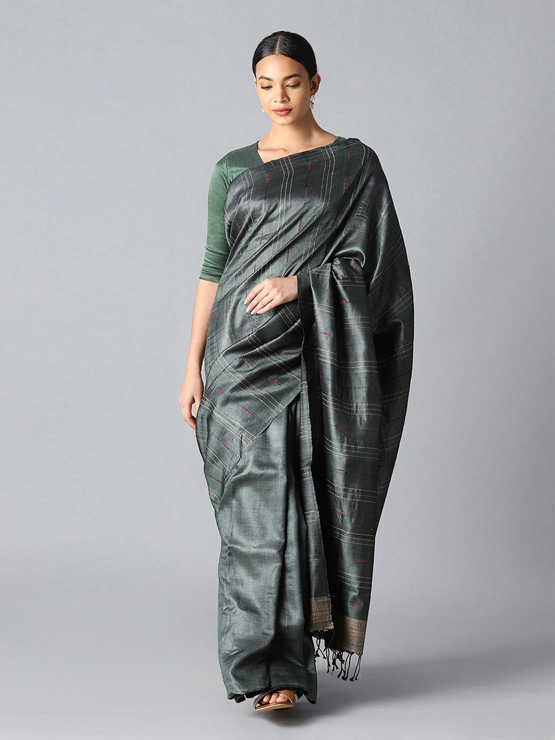 

Taneira Grey Striped Pure Silk Tussar Saree