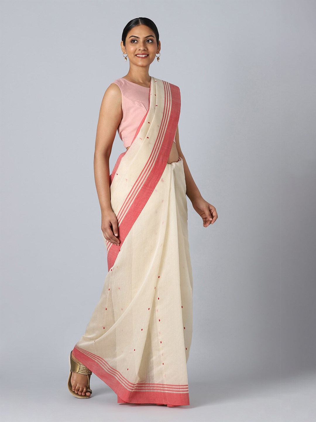 

Taneira Off White & Red Woven Design Pure Cotton Chanderi Saree