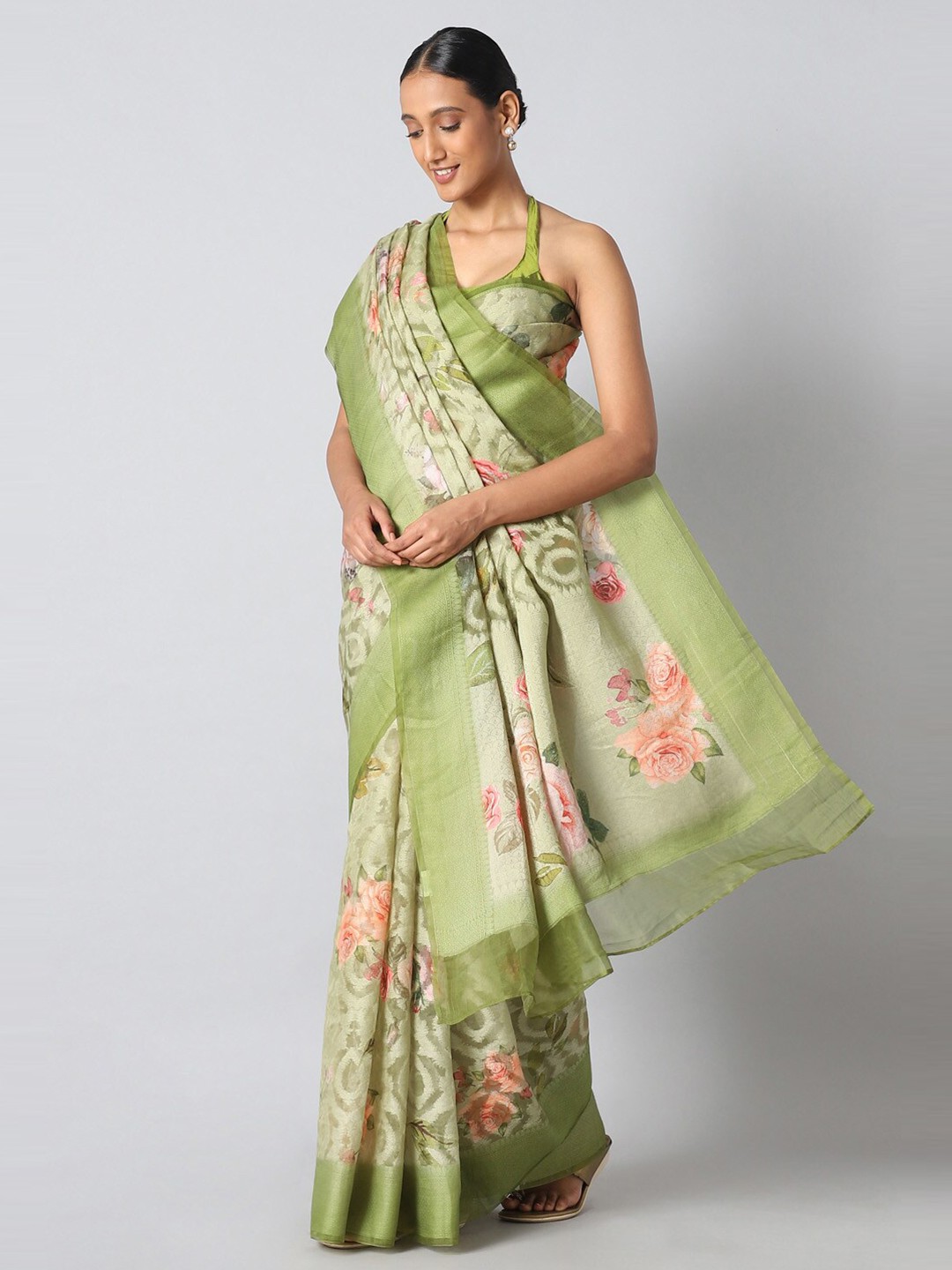 

Taneira Green & Pink Floral Organza Saree
