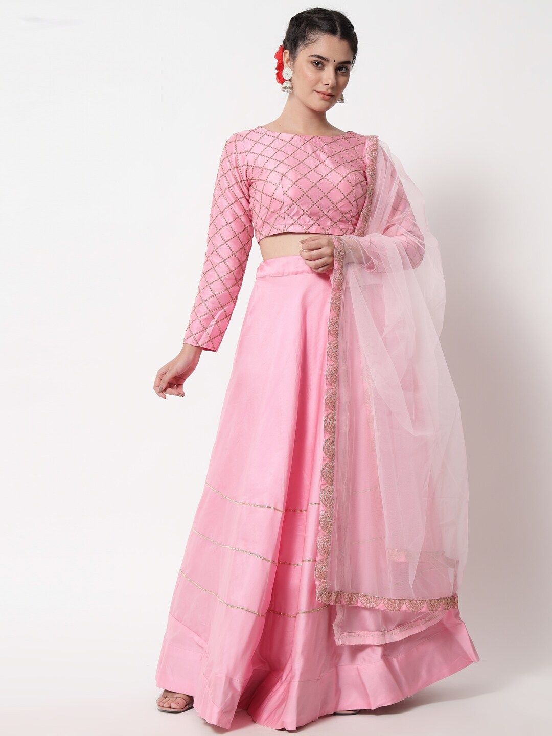 

Mitera Pink & Gold-Toned Embellished Ready to Wear Lehenga & Unstitched Blouse With Dupatta