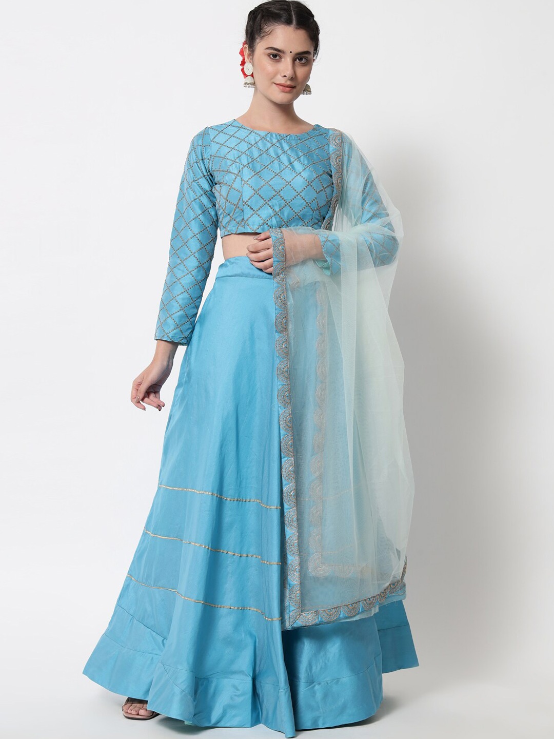 

Mitera Turquoise Blue & Gold-Toned Embroidered Sequinned Ready to Wear Lehenga & Unstitched Blouse With