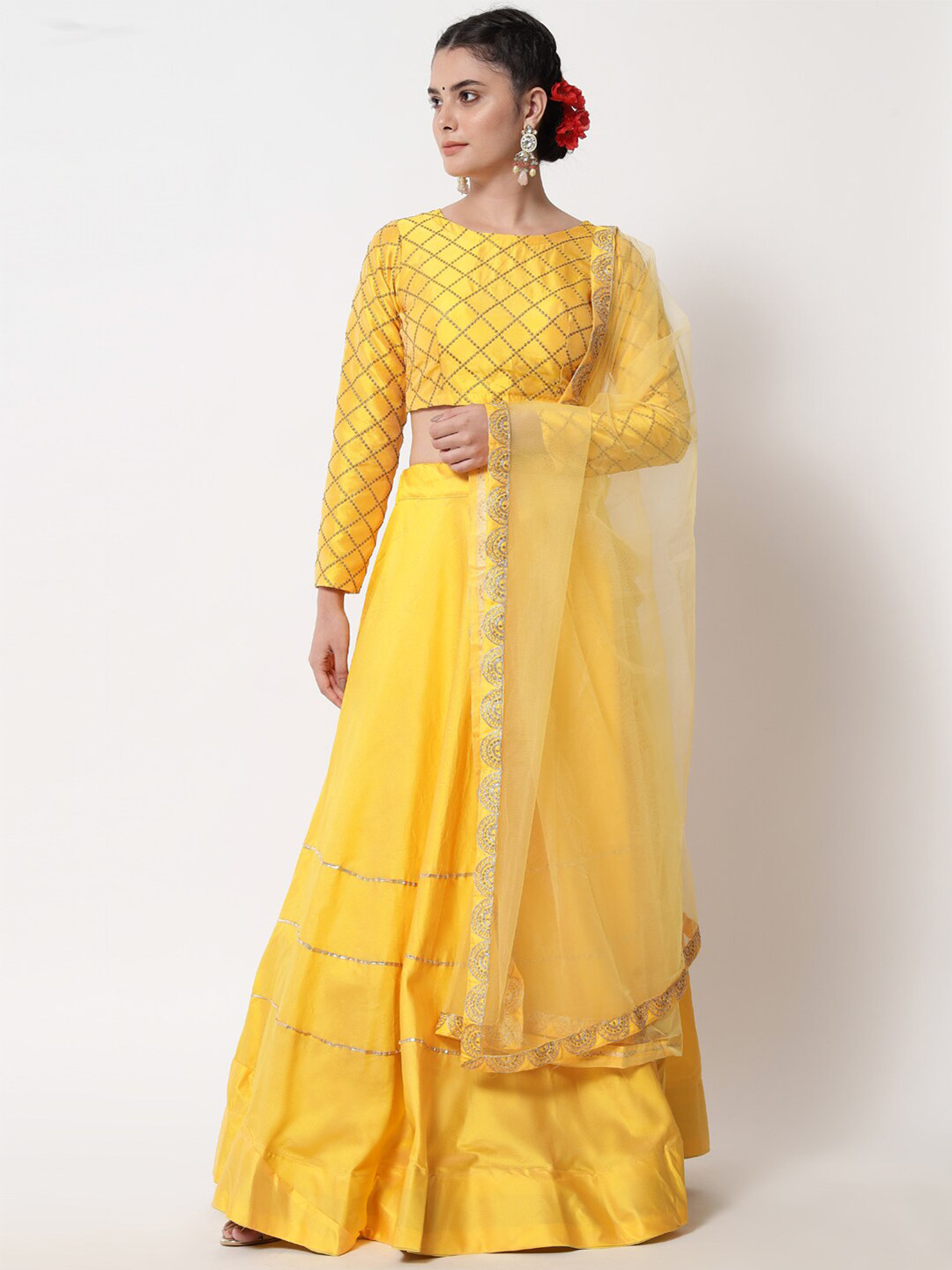 

Mitera Yellow & Gold-Toned Embellished Sequinned Ready to Wear Lehenga & Unstitched Blouse With Dupatta
