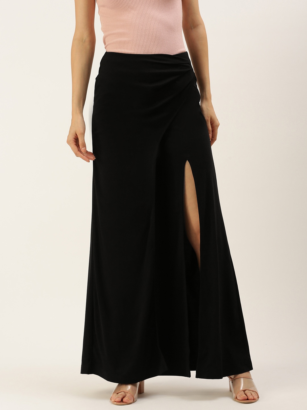 

FOREVER 21 Women Black Solid High Slit Flared Trousers