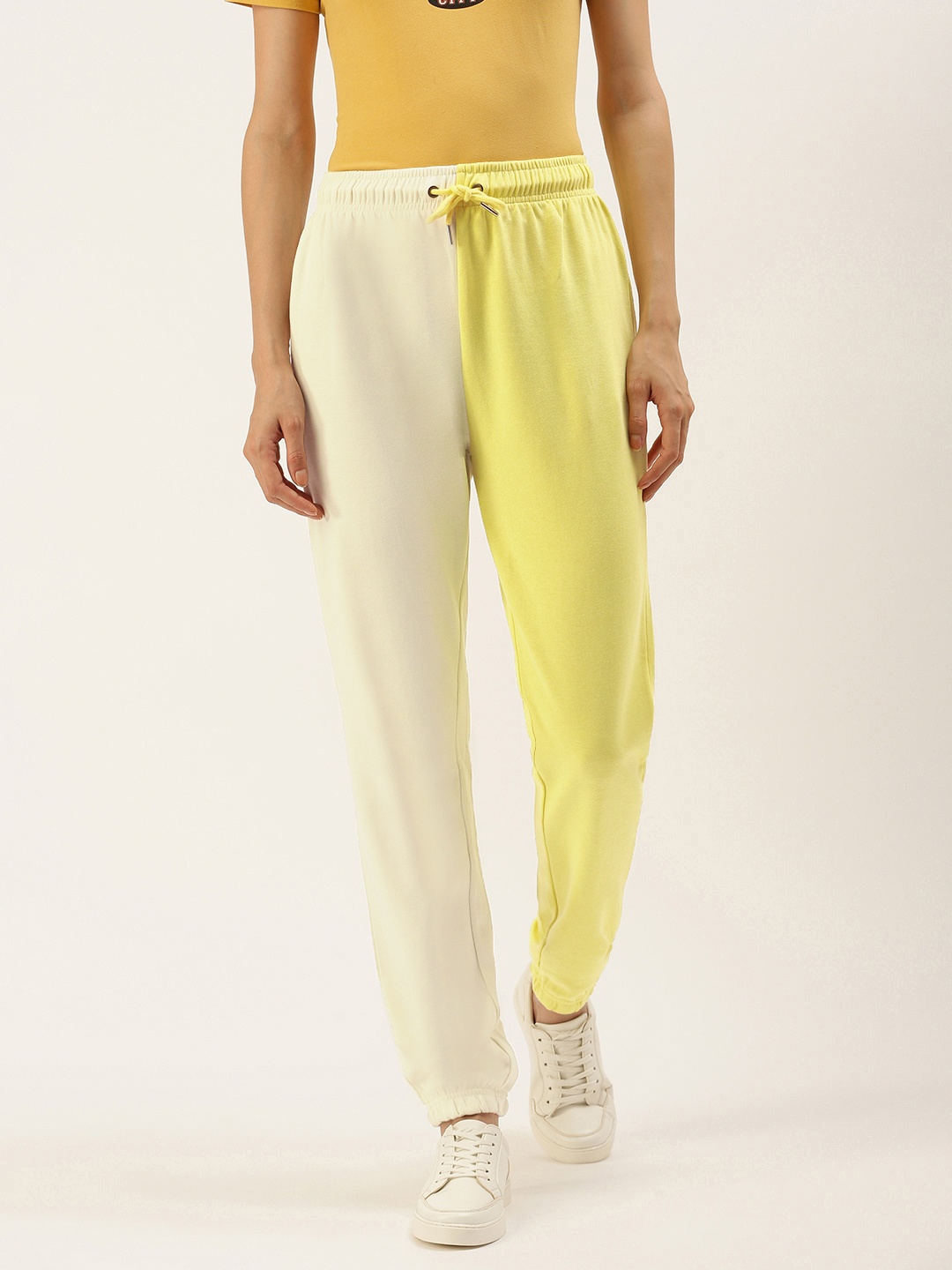 

FOREVER 21 Women Off-White & Lime Green Colourblocked Regular Fit Joggers