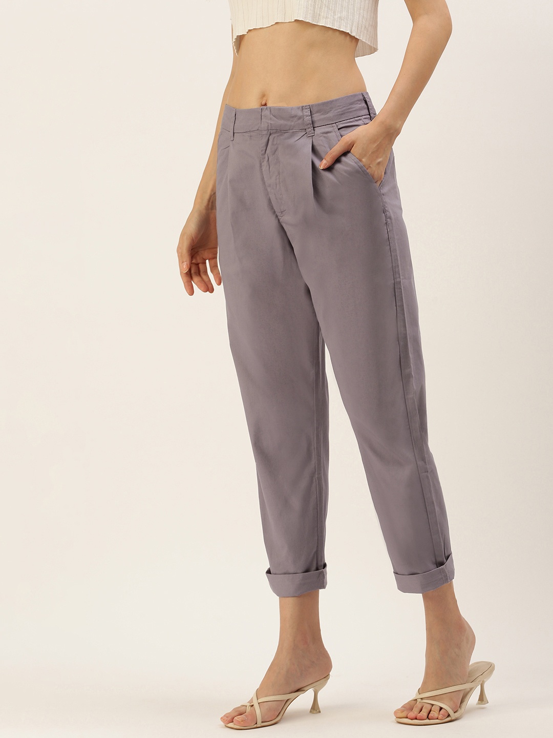 

FOREVER 21 Women Purple Solid Pure Cotton Regular Trousers