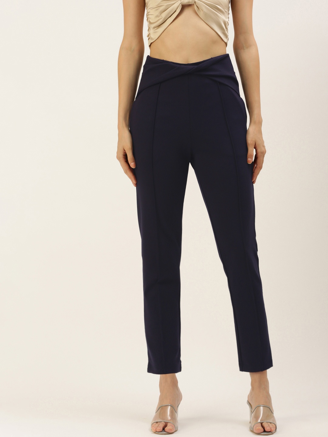 

FOREVER 21 Women Navy Blue Solid Slim Fit Peg Trousers
