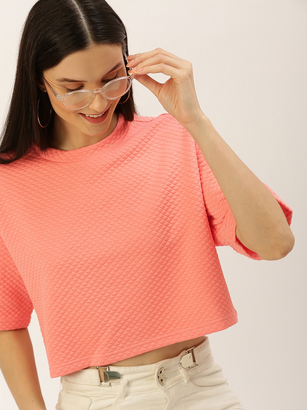 

FOREVER 21 Pink Self Design Extended Sleeves Boxy Crop Top