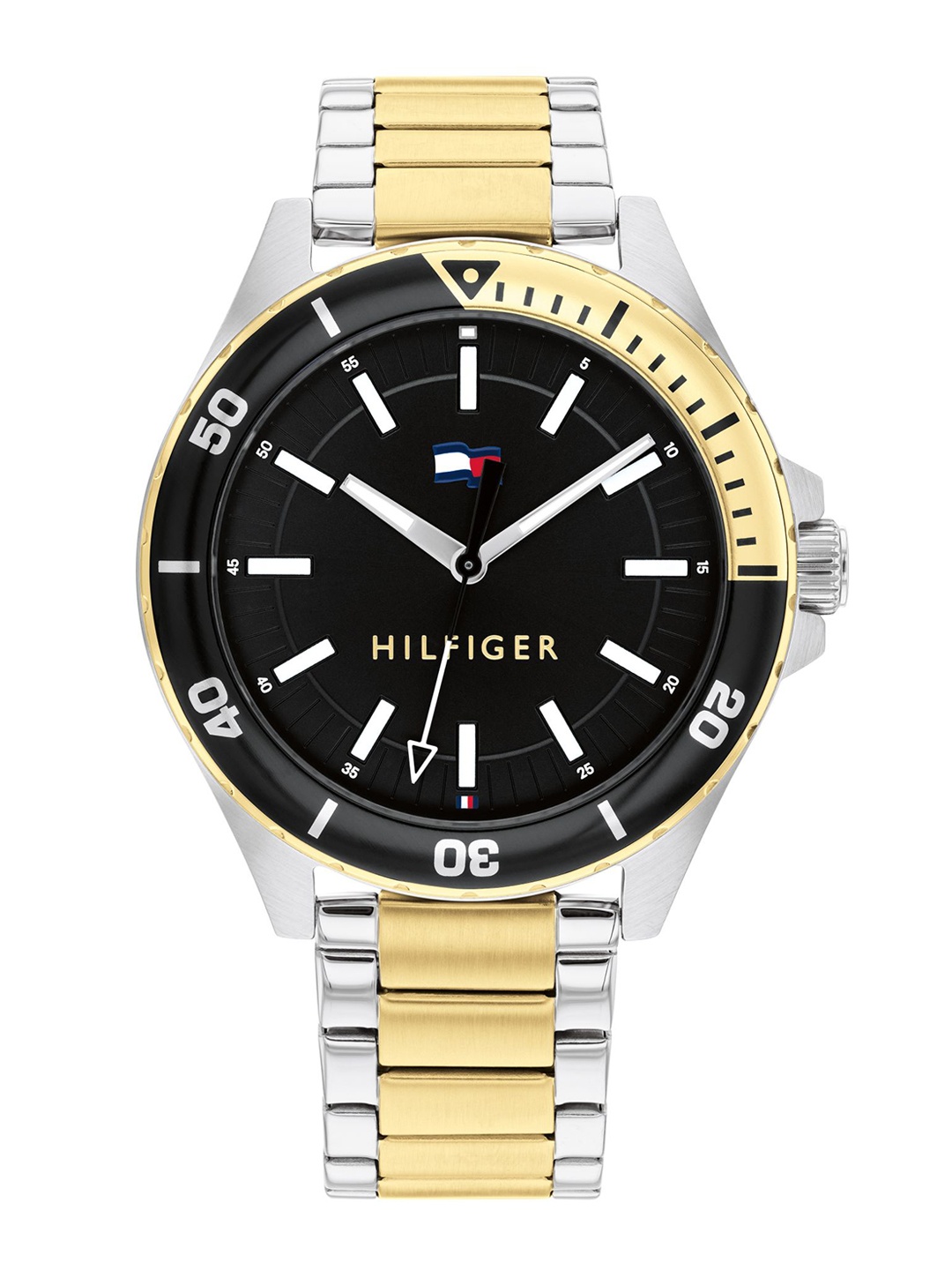 

Tommy Hilfiger Men Black Dial & Multicoloured Stainless Steel Bracelet Style Straps Analogue Watch, Silver