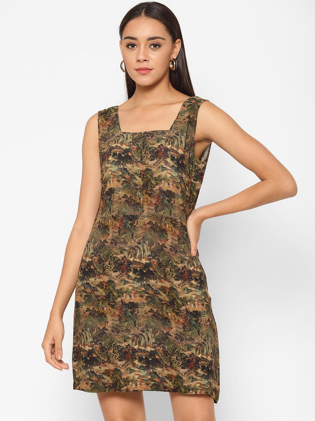 

VALBONE Green A-Line Printed Cotton Dress