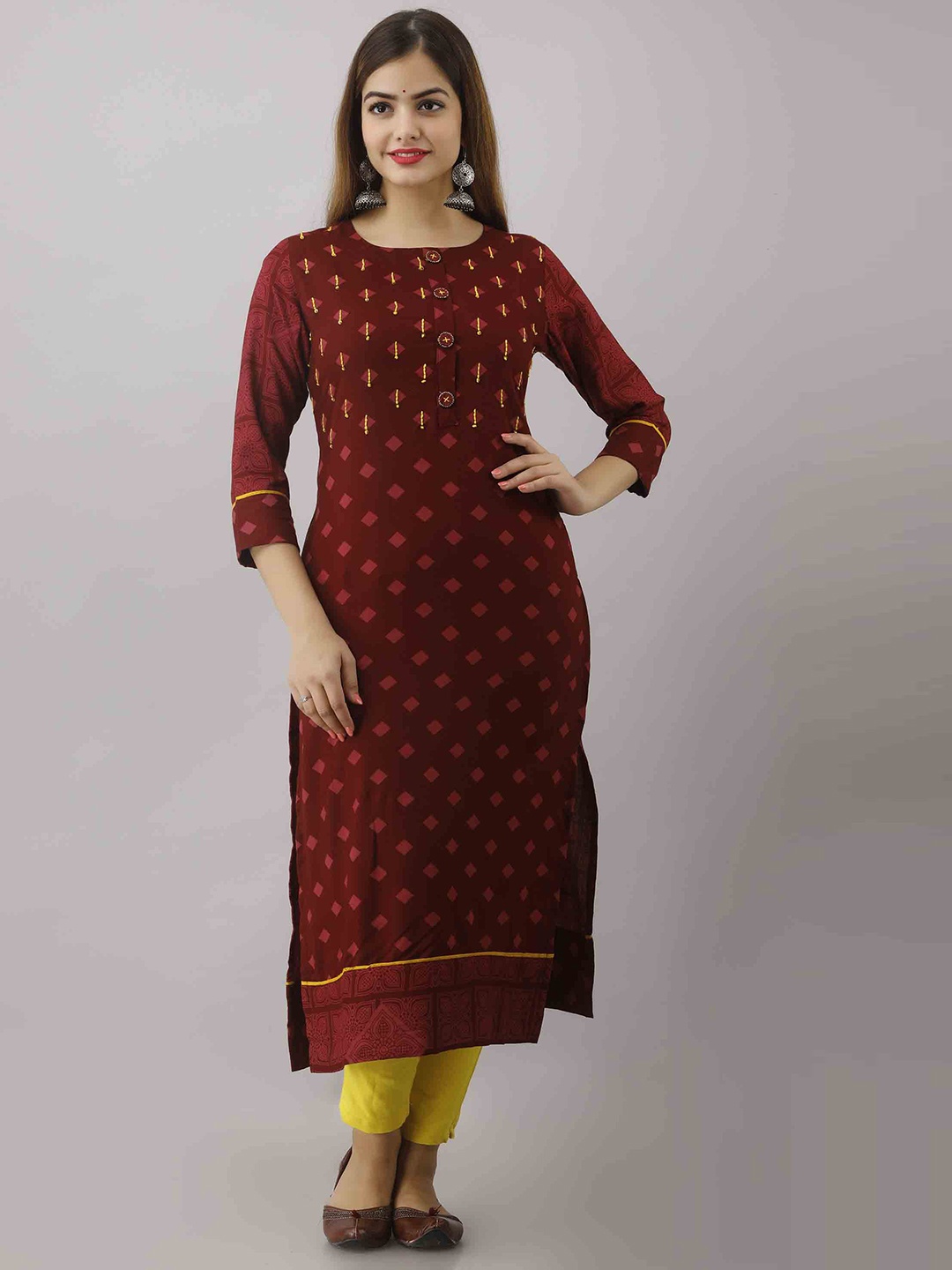 

KALINI Women Maroon Geometric Thread Work Kurta