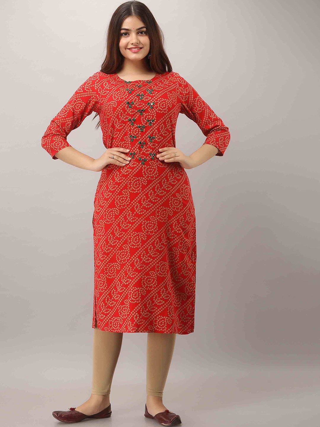 

KALINI Women Red Bandhani Printed Mirror Work Kurta