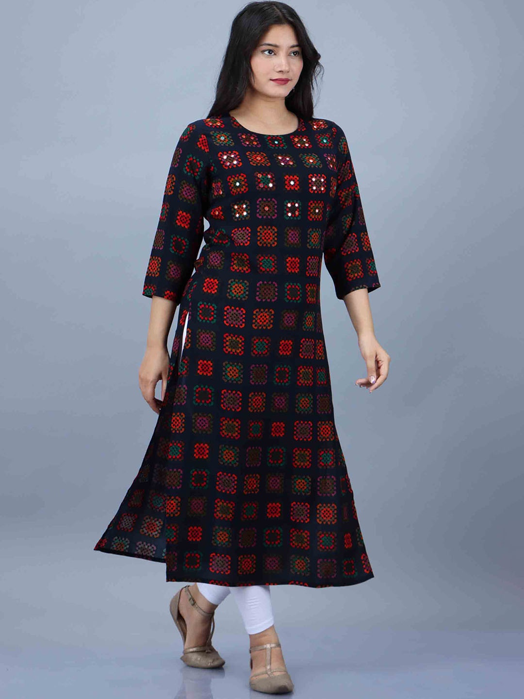 

KALINI Women Navy Blue Geometric Embroidered Mirror Work Kurta