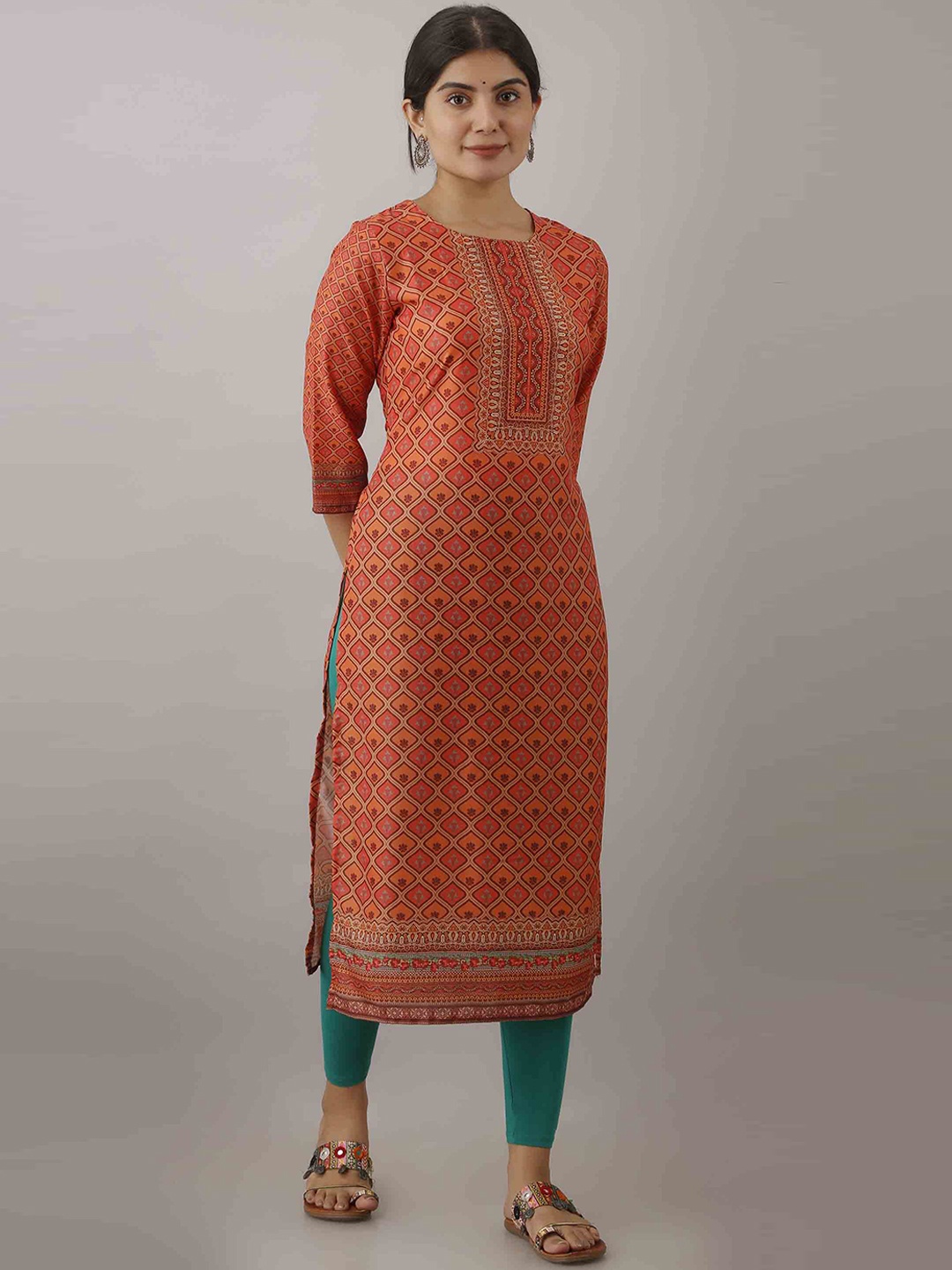 

KALINI Women Orange Geometric Printed Straight Kurta