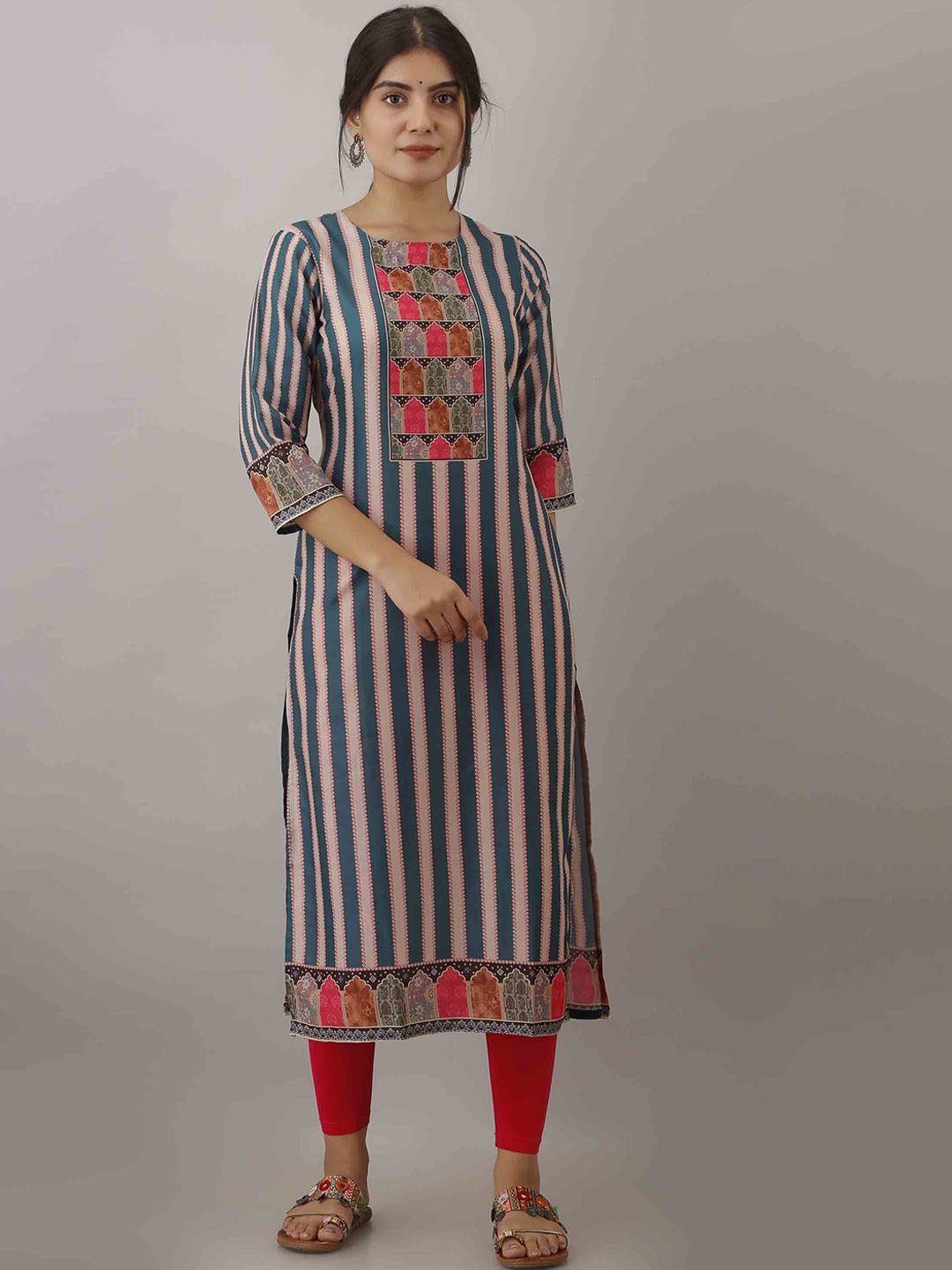 

KALINI Women Turquoise Blue & Pink Striped Straight Kurta