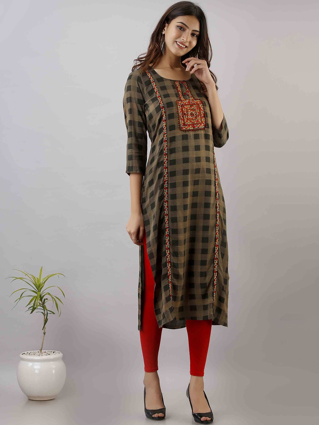 

KALINI Women Olive Green & Red Geometric Thread Work Kurta
