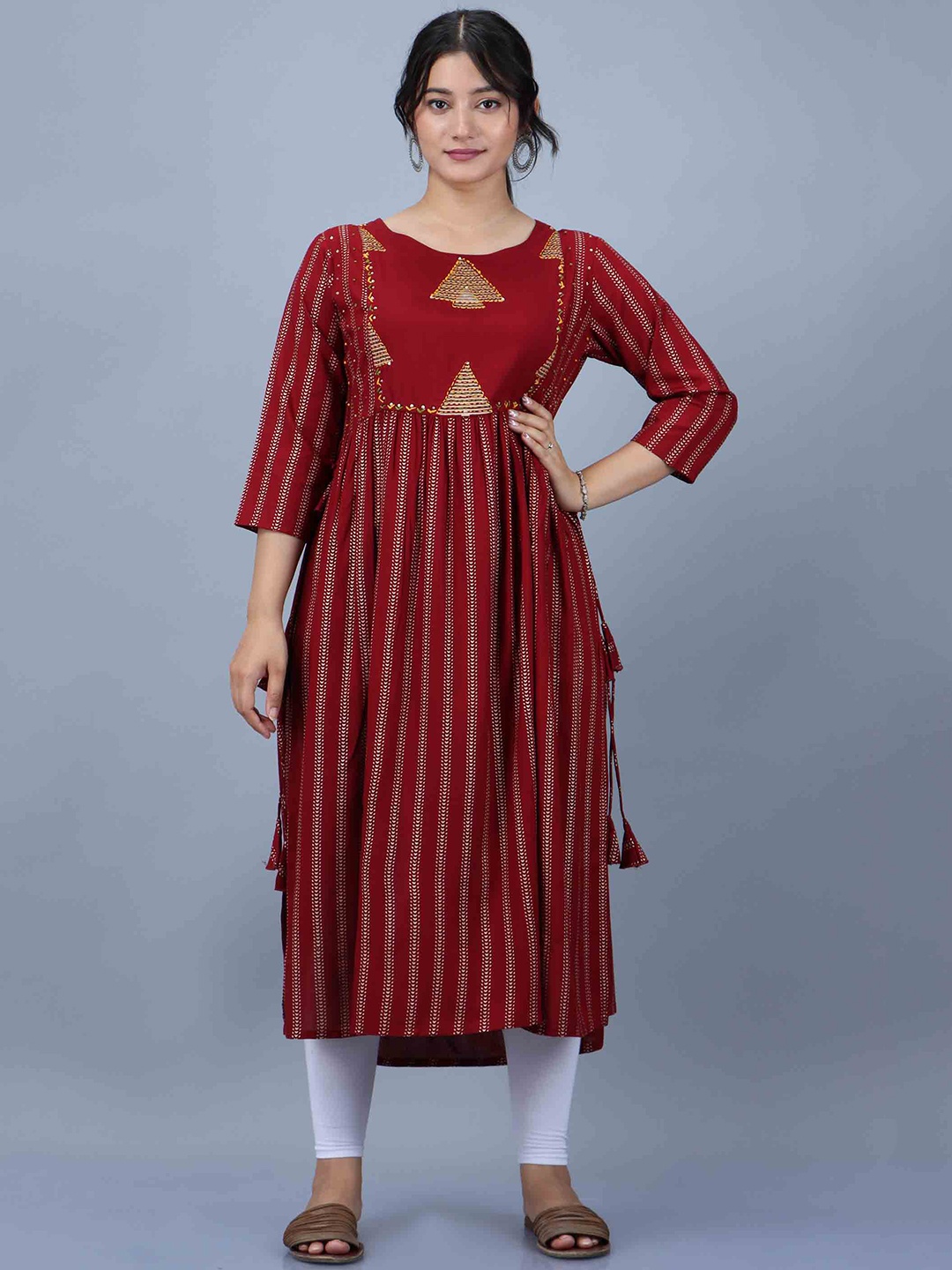 

KALINI Women Maroon Striped Thread Work Anarkali Kurta