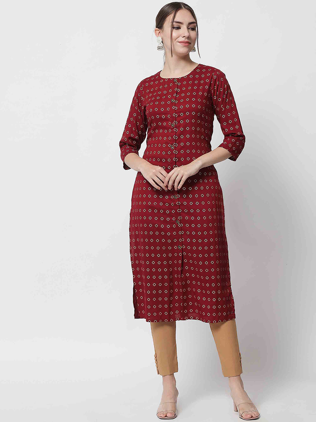 

KALINI Women Maroon Geometric Checked Straight Kurta