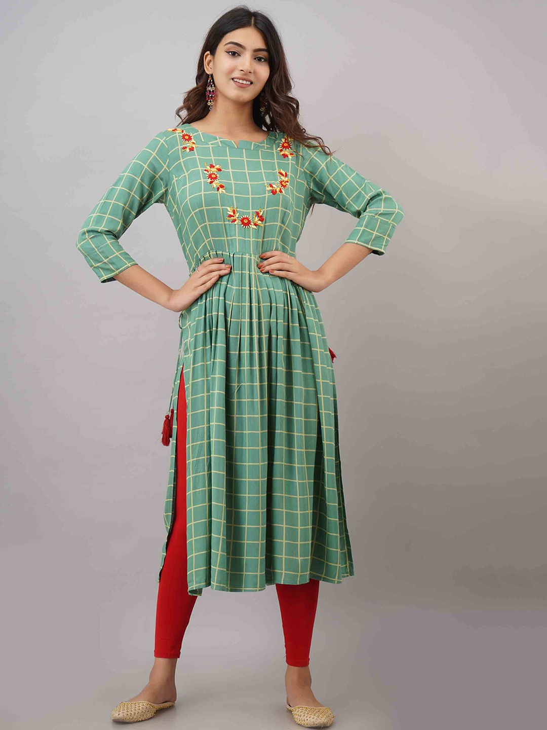 

KALINI Women Green Checked Flared Sleeves Thread Work Anarkali Kurta