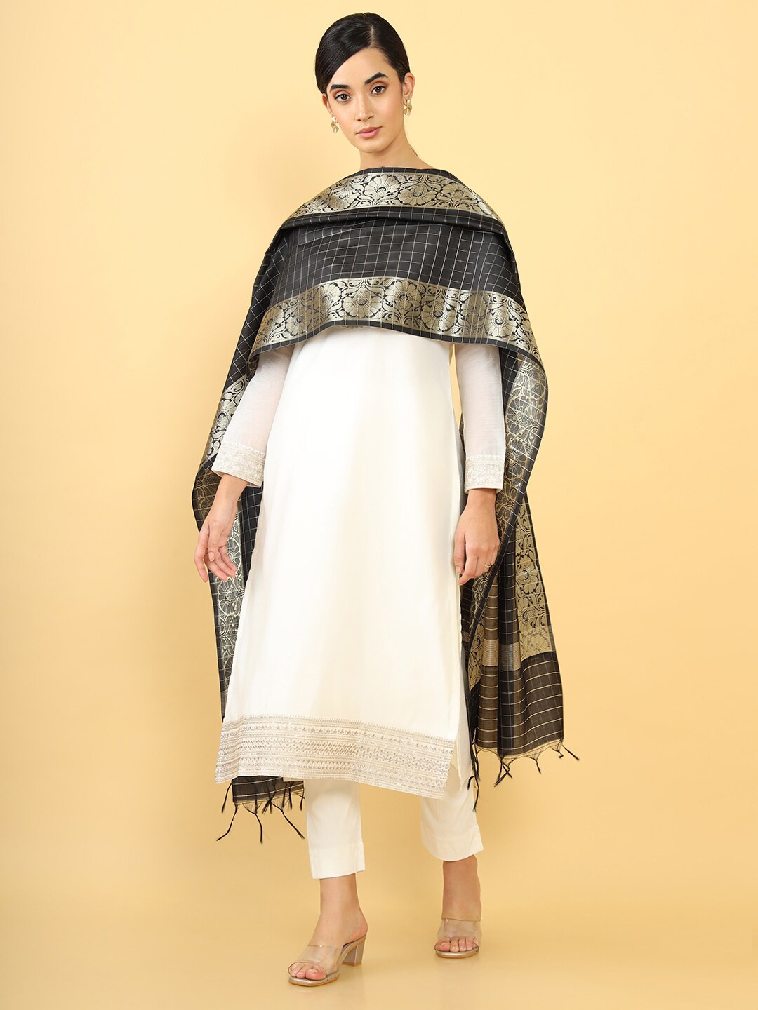 

Soch Black & Gold-Toned Checked Dupatta