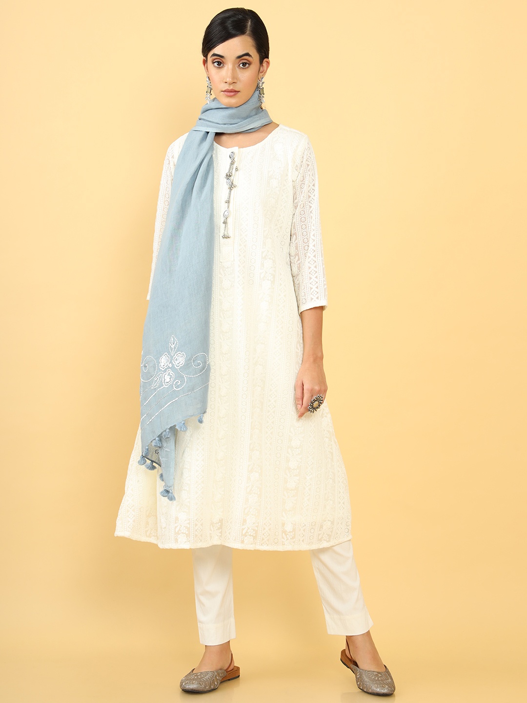 

Soch Blue & White Embroidered Linen Dupatta
