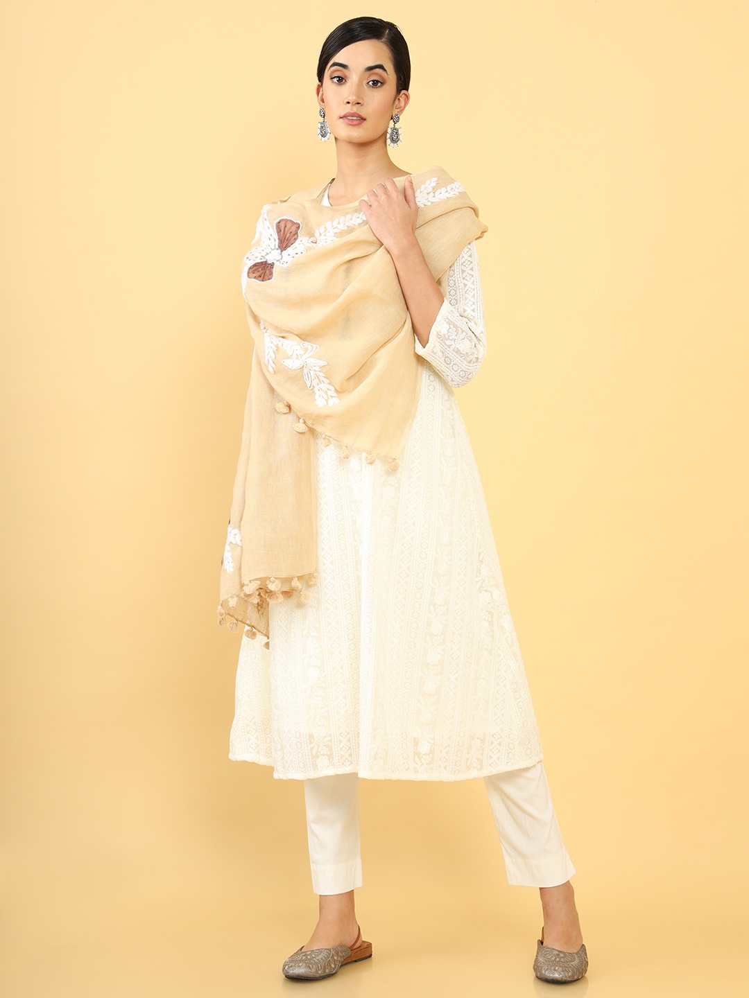 

Soch Women Beige & White Embroidered Linen Dupatta