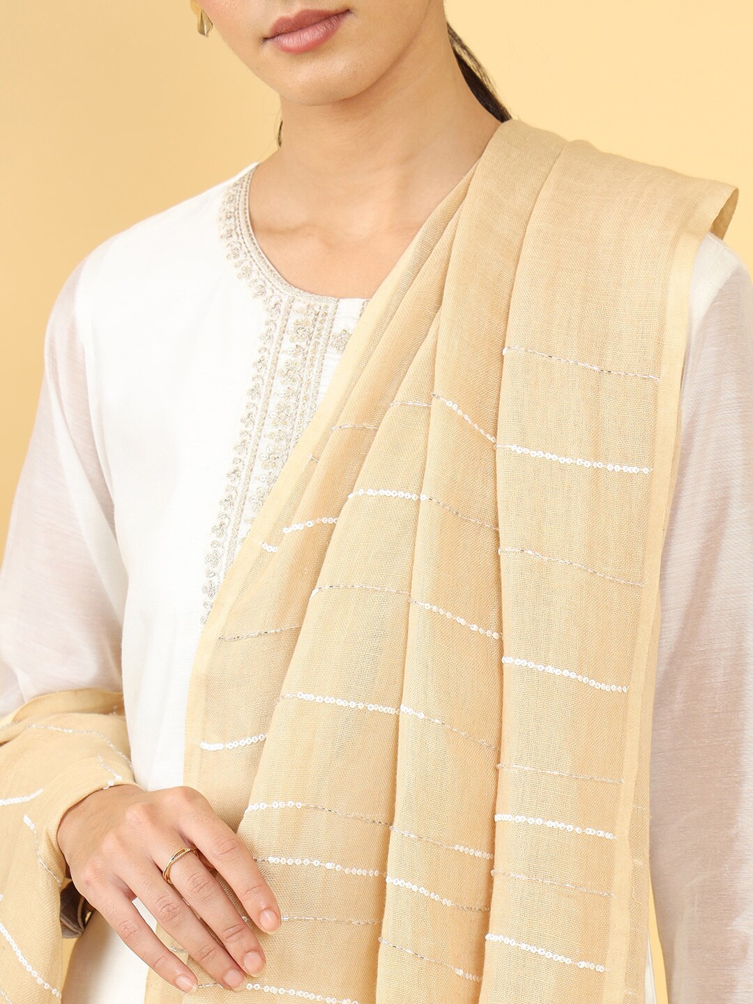 

Soch Beige & Silver-Toned Striped Linen Dupatta