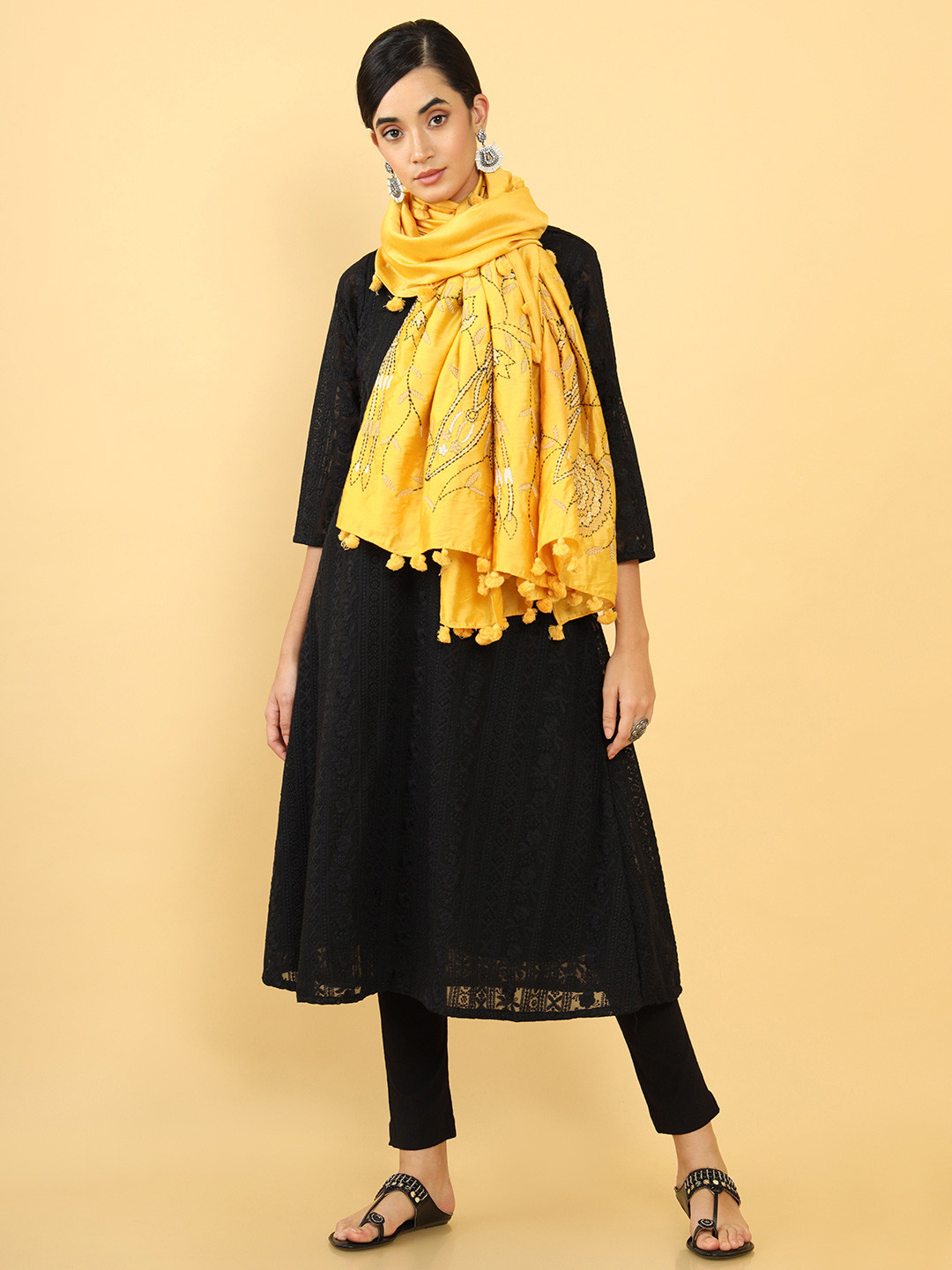 

Soch Ethnic Motifs Embroidered Dupatta with Chikankari, Mustard