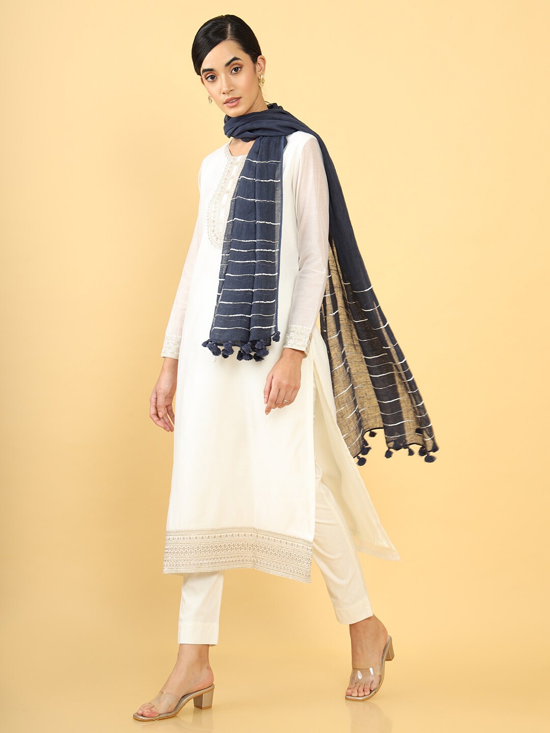 

Soch Navy Blue & White Striped Linen Dupatta