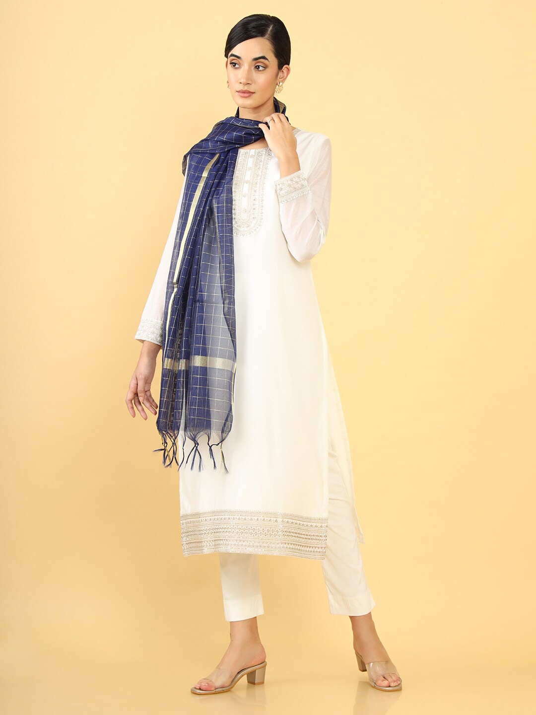 

Soch Women Navy Blue & Gold-Toned Checked Dupatta