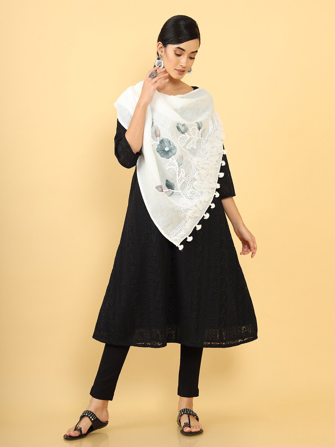

Soch Off White & Grey Embroidered Linen Dupatta