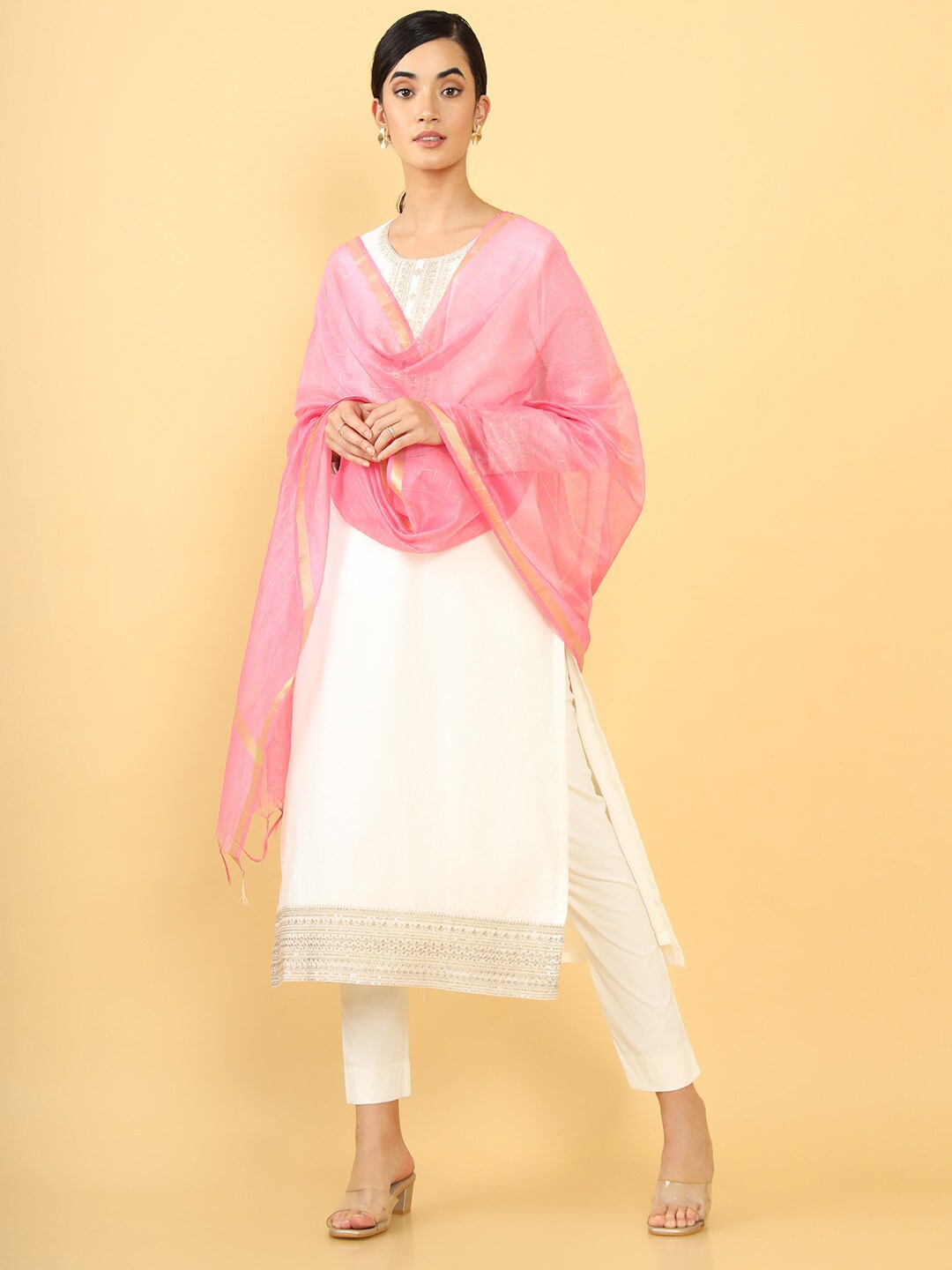 

Soch Women Pink & Gold-Toned Printed Checked Dupatta