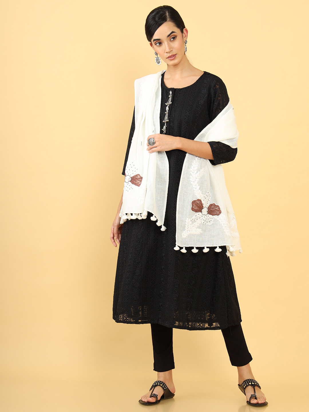 

Soch Off White & Brown Embroidered Linen Dupatta