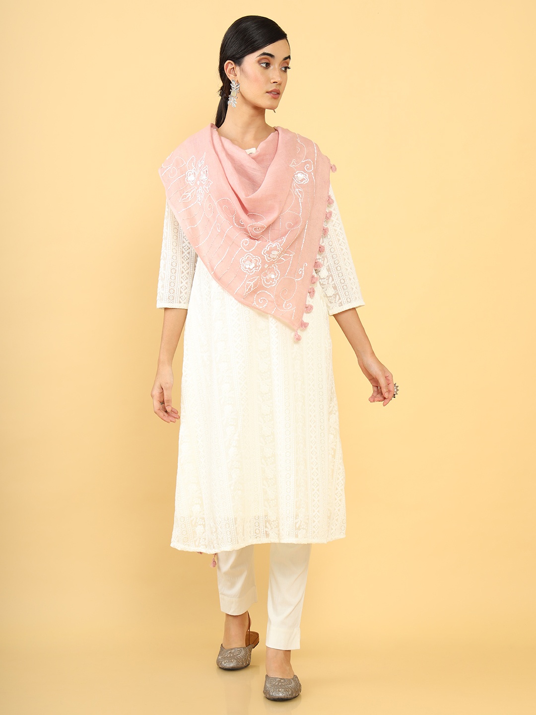 

Soch Cream-Coloured & Pink Embroidered Linen Dupatta with Thread Work