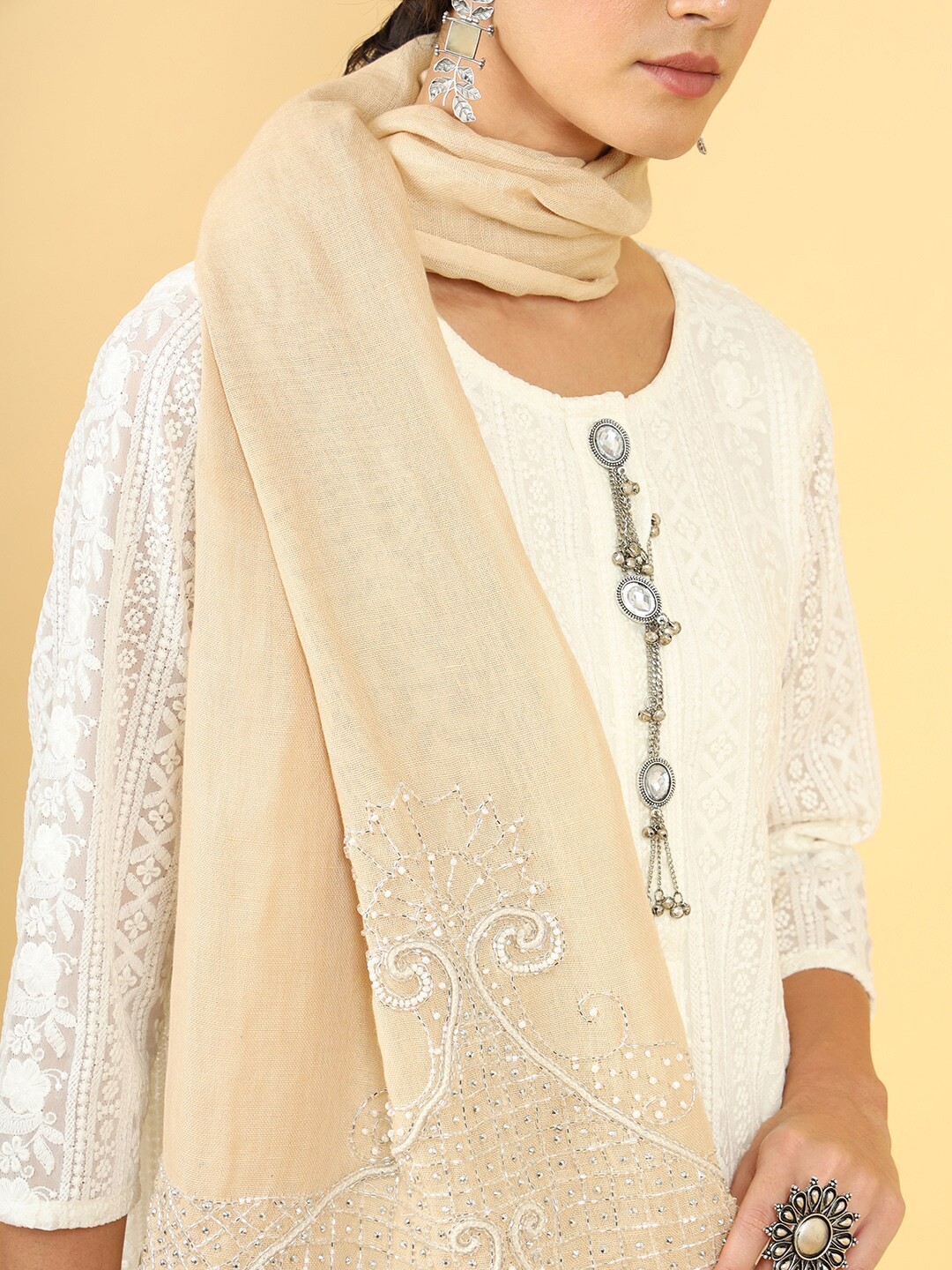 

Soch Beige & White Embroidered Linen Dupatta
