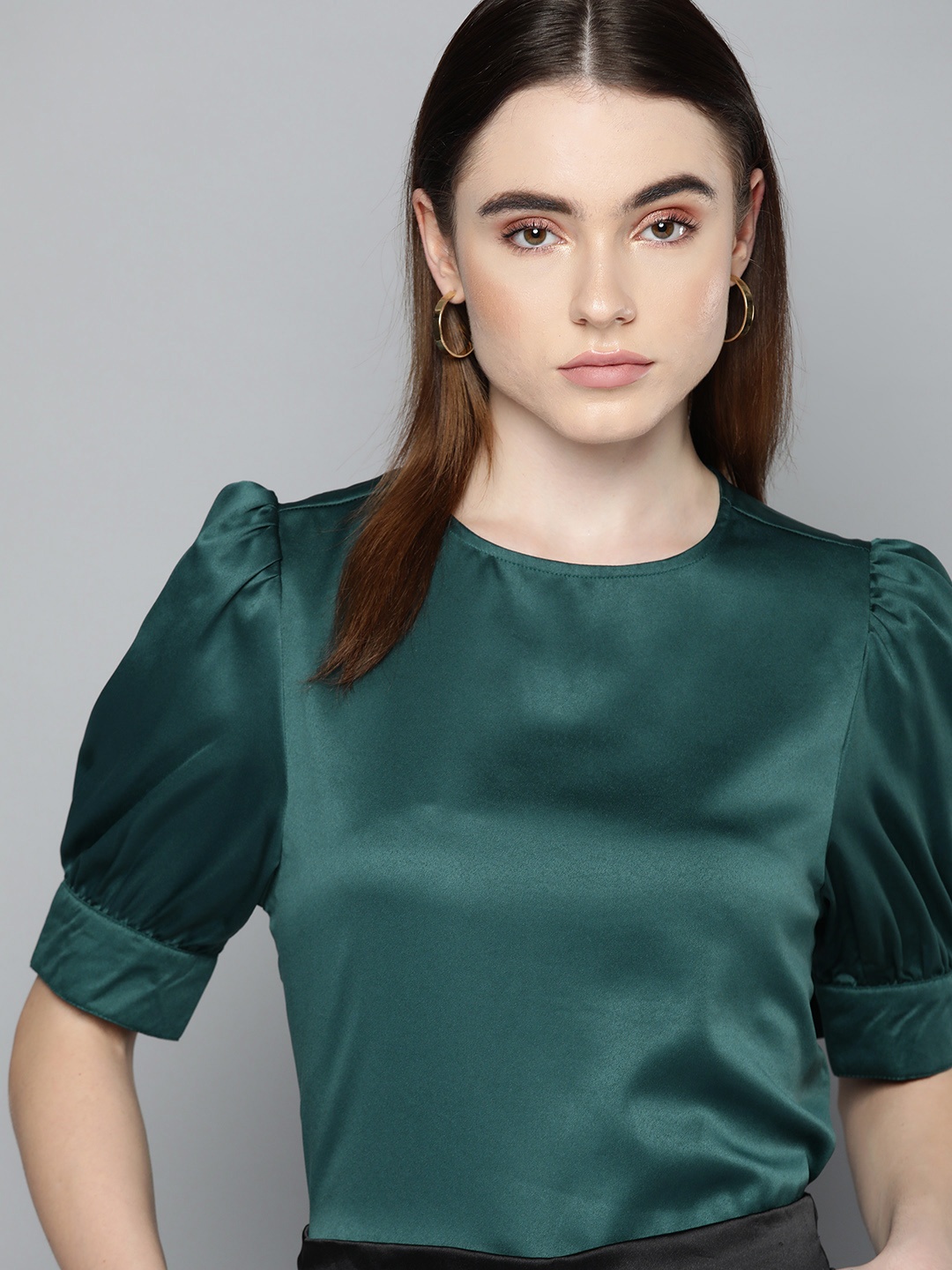 

Chemistry Solid Puff Sleeves Satin Finish Top, Green