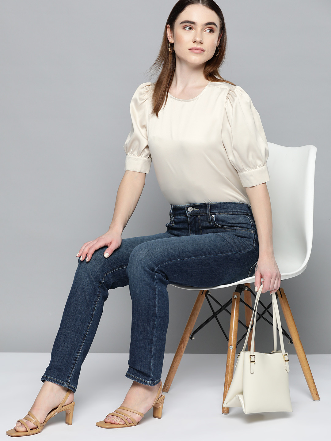 

Chemistry Solid Puff Sleeves Satin Finish Top, Off white