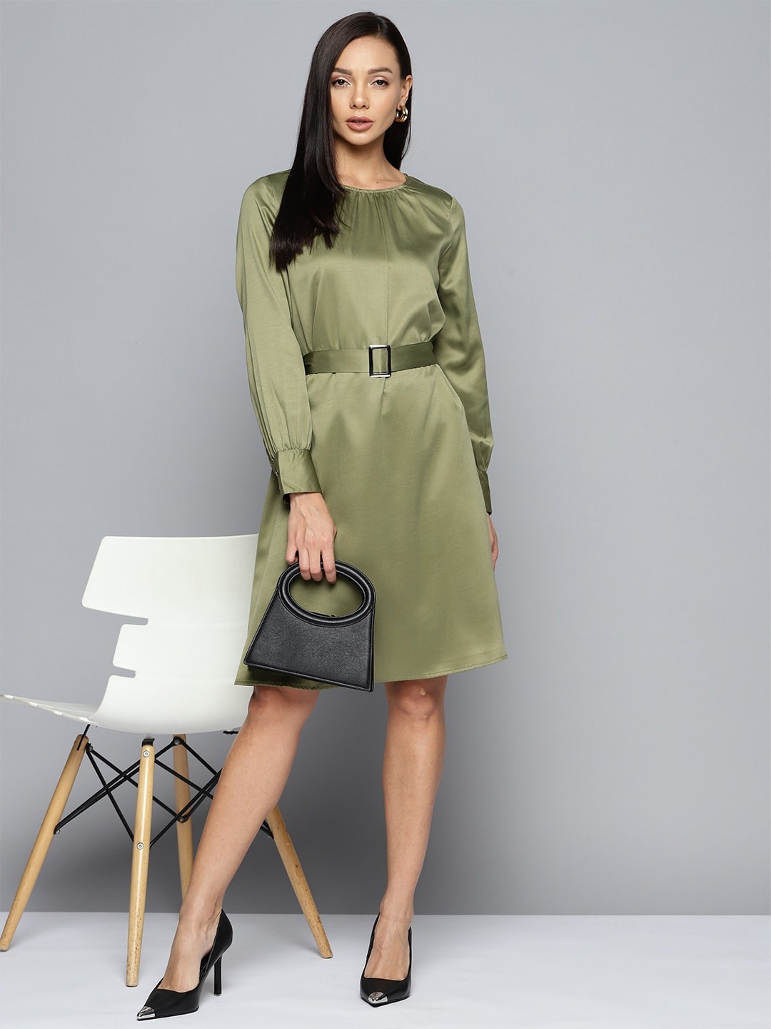 

Chemistry Satin A-Line Dress with Belt, Olive