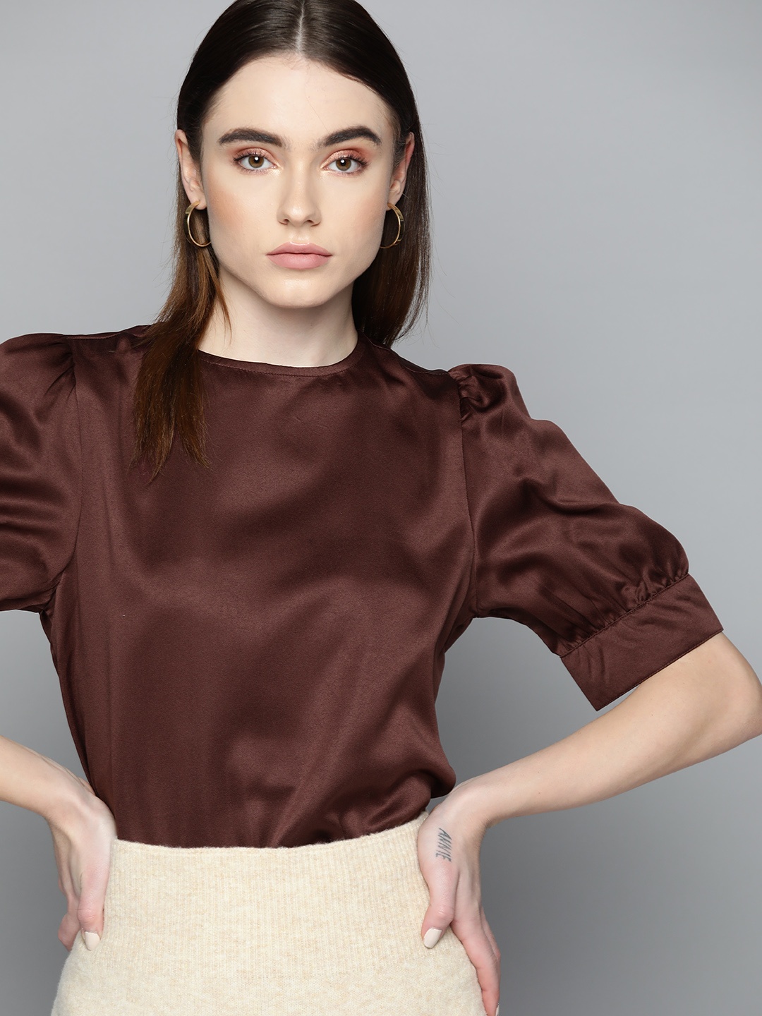 

Chemistry Solid Puff Sleeves Satin Finish Top, Brown