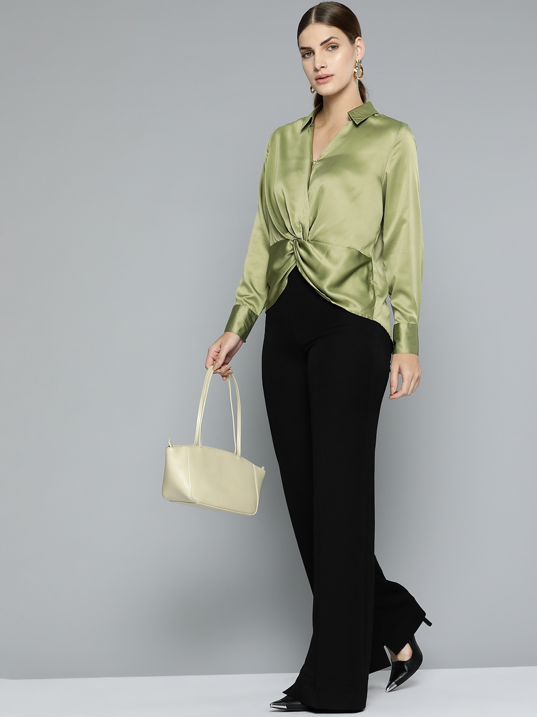

Chemistry Satin Finish Twisted Shirt Style Top, Green