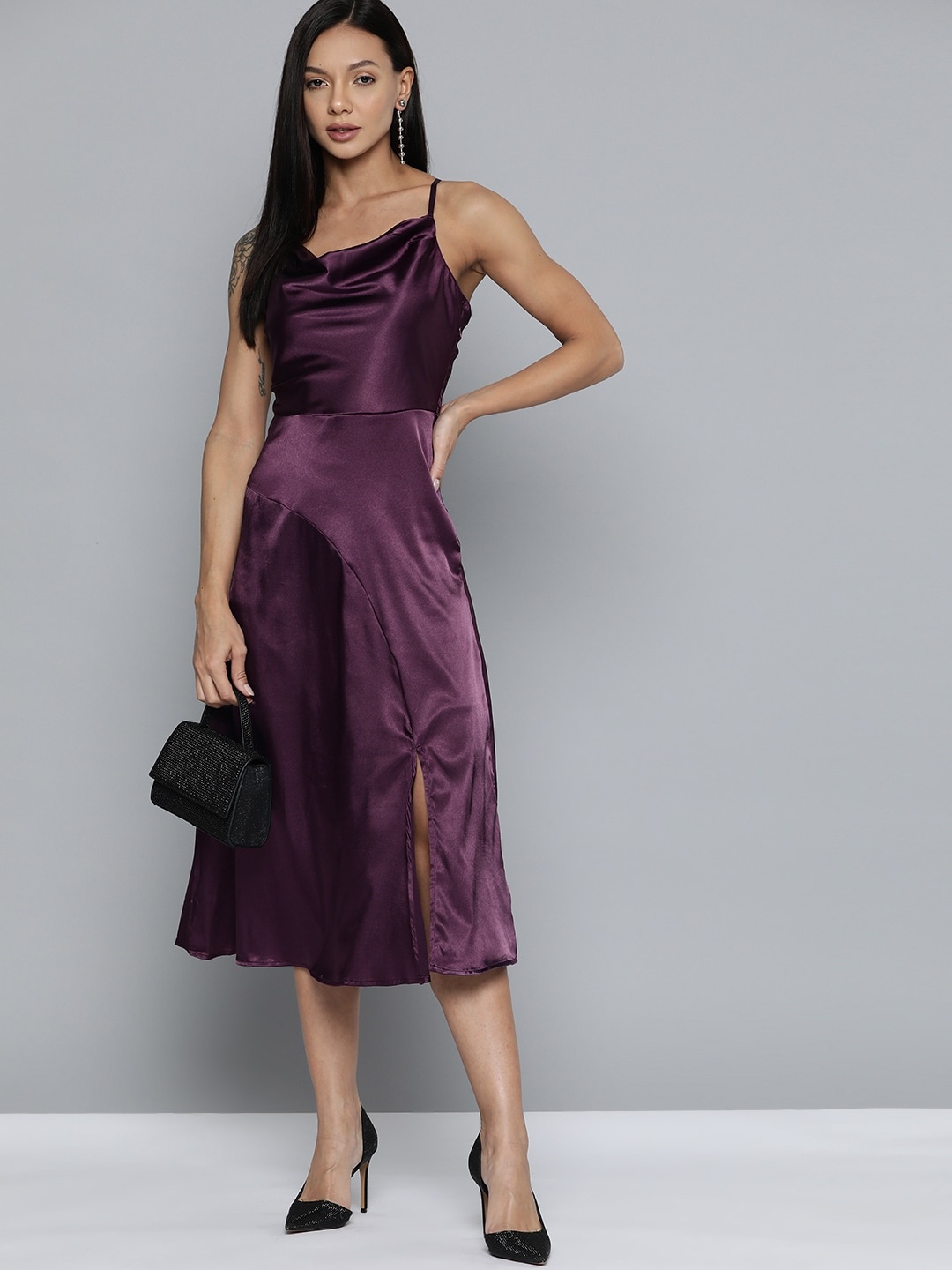 

Chemistry Cowl Neck Satin A-Line Midi Dress, Purple