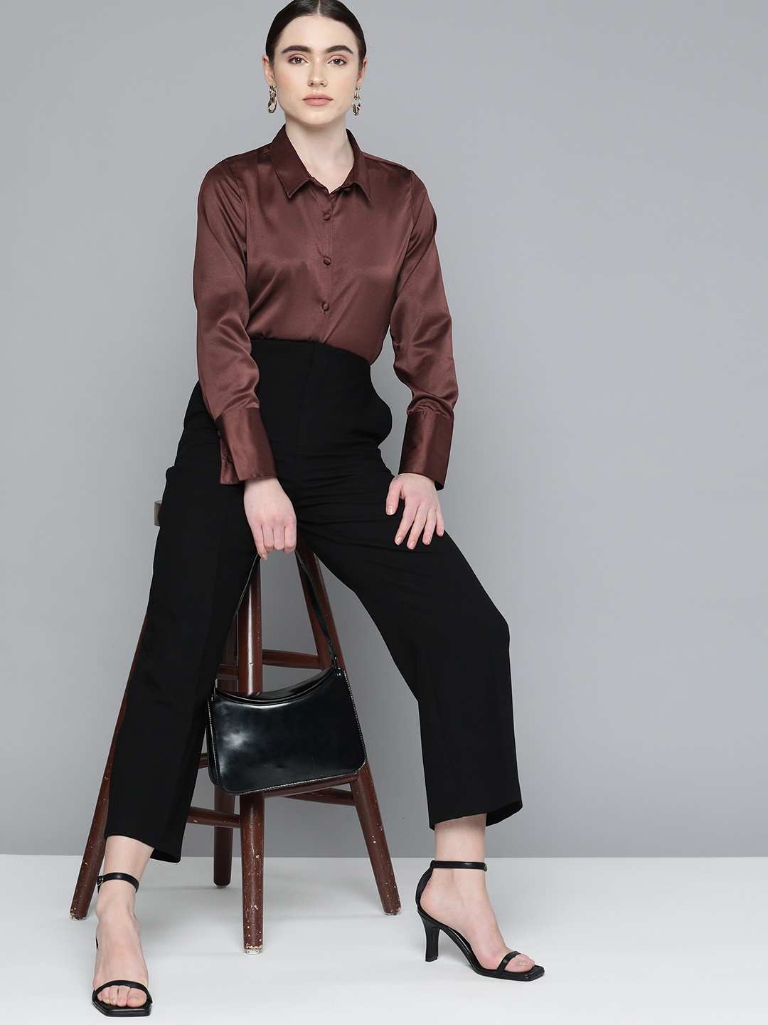 

Chemistry Women Solid Satin Casual Shirt, Brown